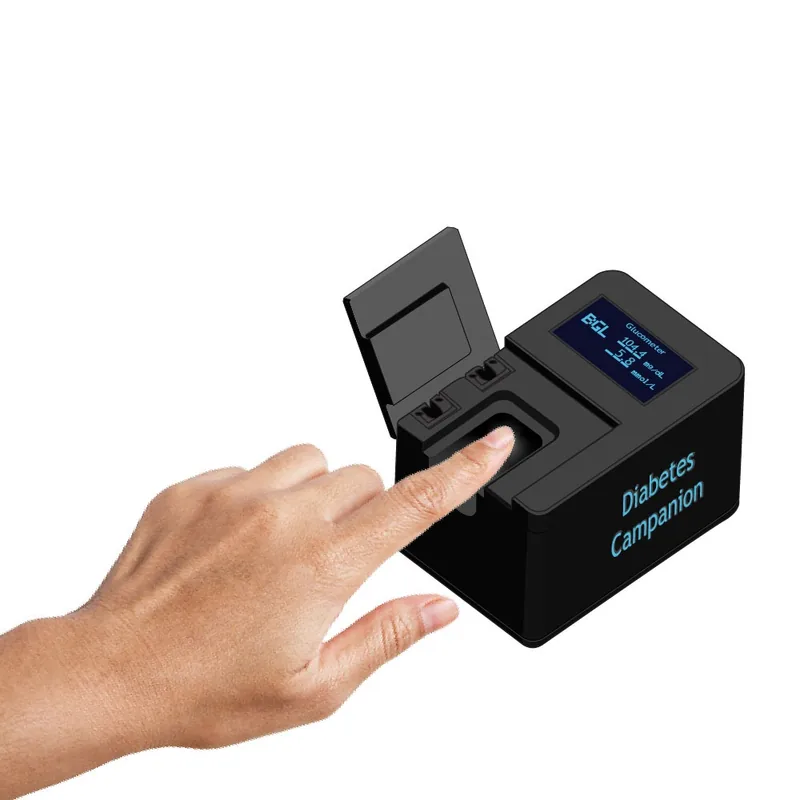 A fingertip resting on the Diabetes Companion sensor, with a glucose reading on the display