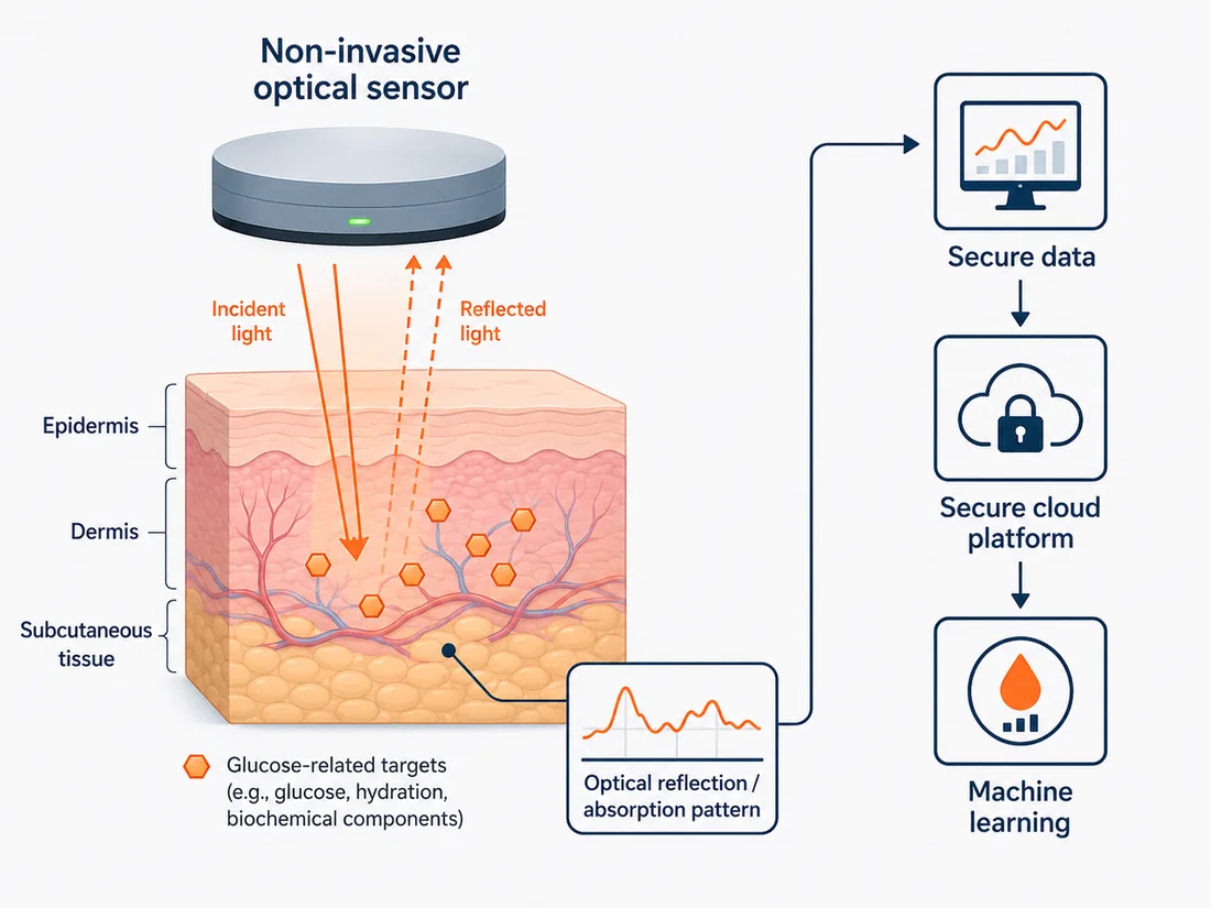 Diagram: light from an optical sensor enters the skin layers, the reflected and absorbed light pattern is measured, then sent to a secure cloud platform where machine learning estimates glucose